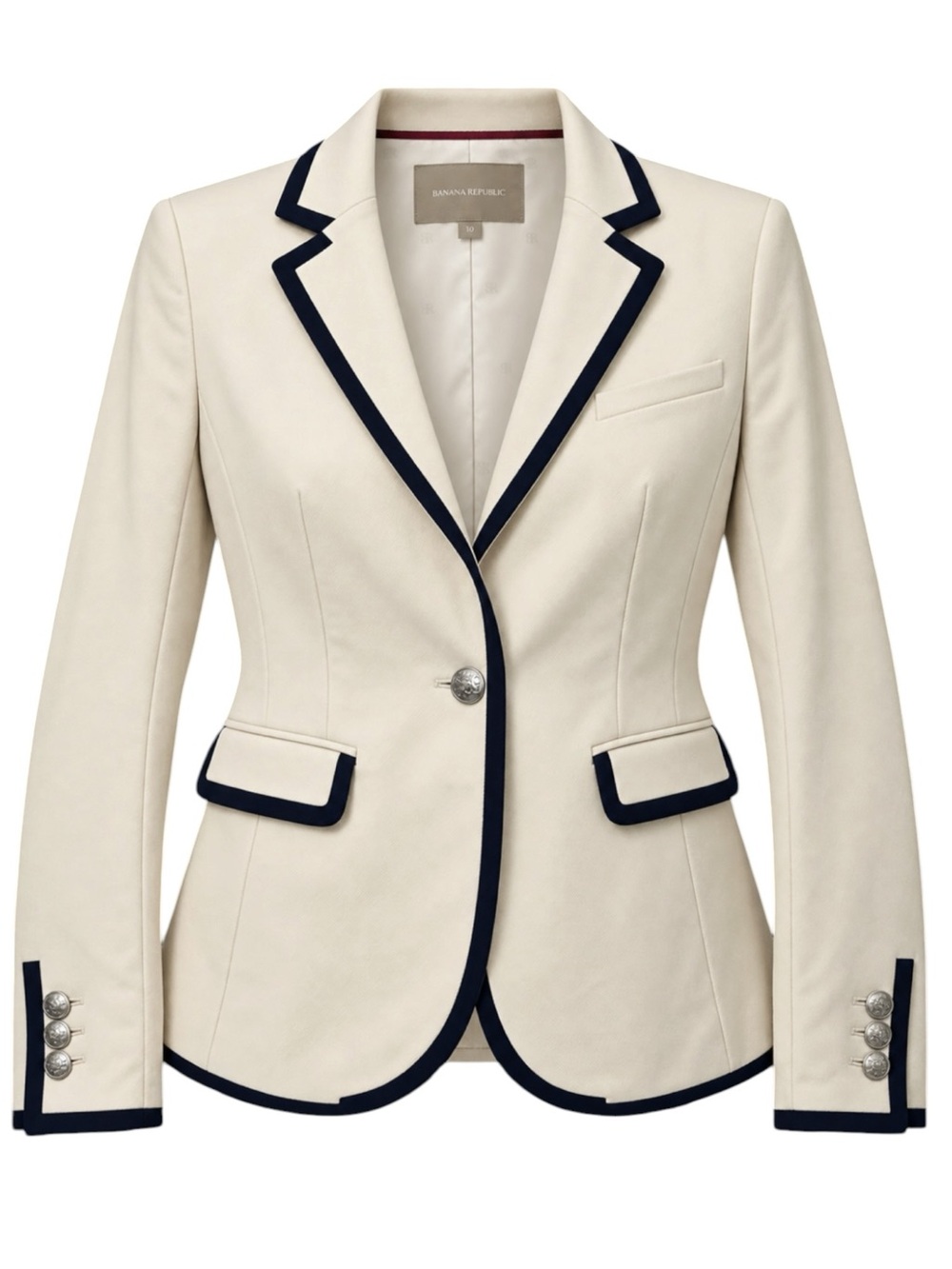 Banana Republic Ivory Black Piped Blazer Silver Crest Buttons